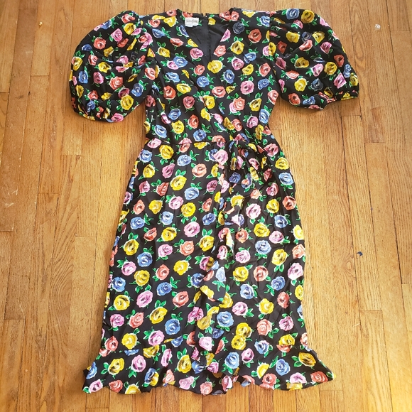 Vintage 80s Neiman Marcus Black Silk Floral print puff sleeve spring dress Large - Picture 1 of 10